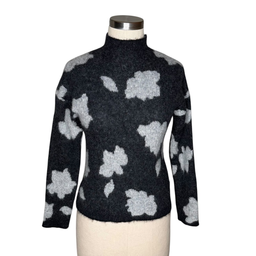THEORY Floral Light Alpaca Sweater Black Grey Mock Neck Women's Size Petite XS